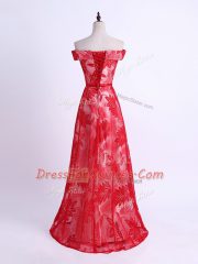 On Sale Floor Length Red Quinceanera Court of Honor Dress Off The Shoulder Sleeveless Lace Up