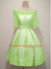 Latest Yellow Green Lace Up Dama Dress for Quinceanera Lace Half Sleeves Knee Length