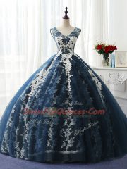 Ball Gowns Quinceanera Dress Navy Blue Scoop Organza and Taffeta and Chiffon and Tulle Sleeveless Floor Length Lace Up