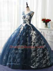 Ball Gowns Quinceanera Dress Navy Blue Scoop Organza and Taffeta and Chiffon and Tulle Sleeveless Floor Length Lace Up