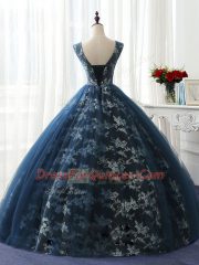 Ball Gowns Quinceanera Dress Navy Blue Scoop Organza and Taffeta and Chiffon and Tulle Sleeveless Floor Length Lace Up