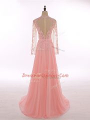 Peach High-neck Neckline Lace and Appliques Sleeveless Zipper
