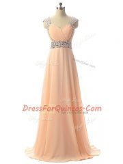 Designer Floor Length Empire Cap Sleeves Peach Prom Evening Gown Lace Up