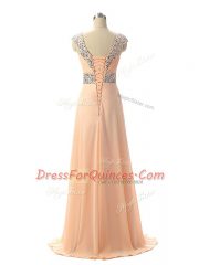 Designer Floor Length Empire Cap Sleeves Peach Prom Evening Gown Lace Up