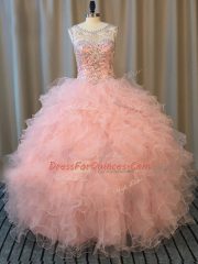 Beautiful Beading and Ruffles 15th Birthday Dress Pink Lace Up Sleeveless Floor Length