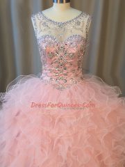 Beautiful Beading and Ruffles 15th Birthday Dress Pink Lace Up Sleeveless Floor Length