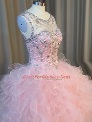 Beautiful Beading and Ruffles 15th Birthday Dress Pink Lace Up Sleeveless Floor Length