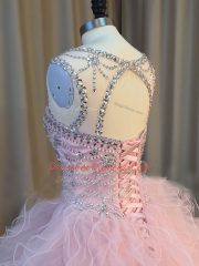 Beautiful Beading and Ruffles 15th Birthday Dress Pink Lace Up Sleeveless Floor Length
