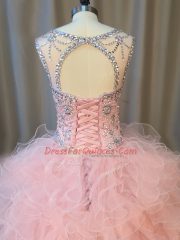 Beautiful Beading and Ruffles 15th Birthday Dress Pink Lace Up Sleeveless Floor Length