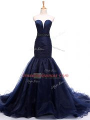 Graceful Mermaid Sleeveless Navy Blue Homecoming Dress Court Train Lace Up