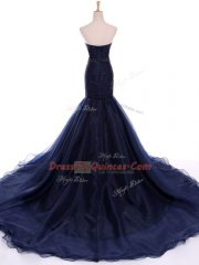 Graceful Mermaid Sleeveless Navy Blue Homecoming Dress Court Train Lace Up