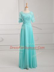 Great Aqua Blue Scoop Zipper Lace and Appliques Prom Dresses Half Sleeves