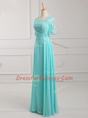 Great Aqua Blue Scoop Zipper Lace and Appliques Prom Dresses Half Sleeves