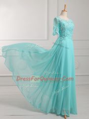 Great Aqua Blue Scoop Zipper Lace and Appliques Prom Dresses Half Sleeves