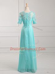 Great Aqua Blue Scoop Zipper Lace and Appliques Prom Dresses Half Sleeves