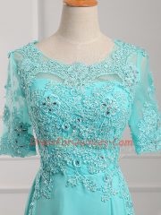 Great Aqua Blue Scoop Zipper Lace and Appliques Prom Dresses Half Sleeves