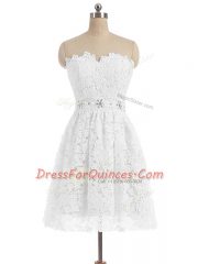 High Class White Sleeveless Knee Length Beading and Lace and Appliques Zipper