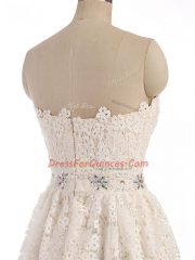 High Class White Sleeveless Knee Length Beading and Lace and Appliques Zipper