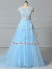 Custom Fit Baby Blue Empire Scoop Sleeveless Tulle Brush Train Lace Up Lace Prom Party Dress