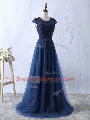 Classical Navy Blue Short Sleeves Lace and Appliques Floor Length