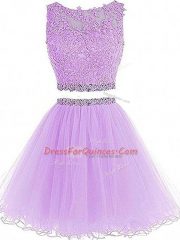 Sleeveless Tulle Mini Length Zipper Homecoming Dress in Lavender with Beading and Lace and Appliques