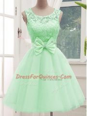 Pretty Apple Green A-line Lace and Bowknot Damas Dress Lace Up Tulle Sleeveless Knee Length