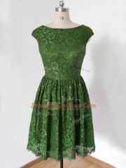 Knee Length Empire Cap Sleeves Olive Green Dama Dress for Quinceanera Lace Up