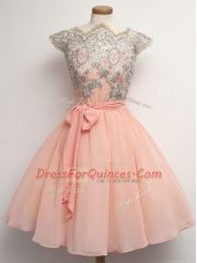 Lovely Cap Sleeves Chiffon Knee Length Zipper Quinceanera Dama Dress in Peach with Lace and Belt