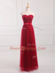 Traditional Wine Red Tulle and Lace Lace Up Damas Dress Sleeveless Floor Length Belt