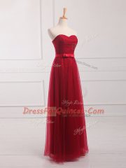Traditional Wine Red Tulle and Lace Lace Up Damas Dress Sleeveless Floor Length Belt