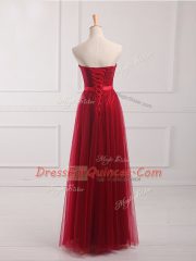 Traditional Wine Red Tulle and Lace Lace Up Damas Dress Sleeveless Floor Length Belt