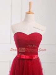 Traditional Wine Red Tulle and Lace Lace Up Damas Dress Sleeveless Floor Length Belt