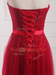 Traditional Wine Red Tulle and Lace Lace Up Damas Dress Sleeveless Floor Length Belt