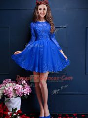 Chiffon Scalloped 3 4 Length Sleeve Lace Up Beading and Lace and Appliques Quinceanera Court Dresses in Royal Blue