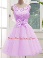 Most Popular Sleeveless Tulle Knee Length Lace Up Vestidos de Damas in Lilac with Lace and Bowknot