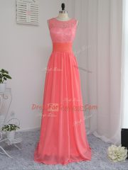 Free and Easy Watermelon Red Sleeveless Lace Floor Length Dama Dress