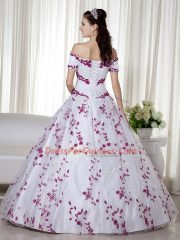 Adorable Organza Off The Shoulder Short Sleeves Lace Up Embroidery Quinceanera Dress in White