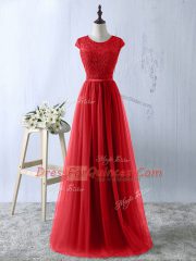 Red Zipper Scoop Lace Tulle Short Sleeves