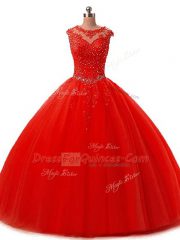 Floor Length Red Ball Gown Prom Dress Scoop Sleeveless Lace Up