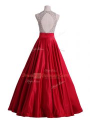 Red Sleeveless Floor Length Beading Backless Prom Dress