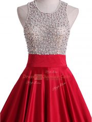 Red Sleeveless Floor Length Beading Backless Prom Dress
