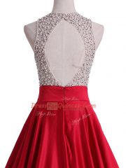 Red Sleeveless Floor Length Beading Backless Prom Dress