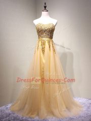 Pretty Champagne Lace Up Sweetheart Beading Dress for Prom Tulle Sleeveless