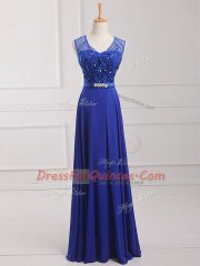 Decent Royal Blue Prom Evening Gown Prom and Party with Beading and Belt Scoop Sleeveless Zipper