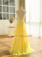 Fantastic Yellow Scoop Neckline Lace and Appliques Prom Party Dress Sleeveless Zipper