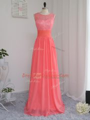 Watermelon Red Vestidos de Damas Prom and Party and Wedding Party with Lace Scoop Sleeveless Zipper