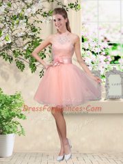 Modern Peach Halter Top Lace Up Lace and Belt Damas Dress Sleeveless