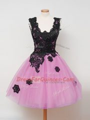 Colorful Lilac Zipper Dama Dress for Quinceanera Lace Sleeveless Knee Length