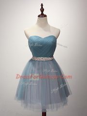 Elegant Light Blue Tulle Lace Up Damas Dress Sleeveless Mini Length Beading and Ruching