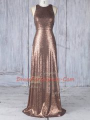 New Arrival Sleeveless Sequined Floor Length Criss Cross Quinceanera Dama Dress in Brown with Appliques